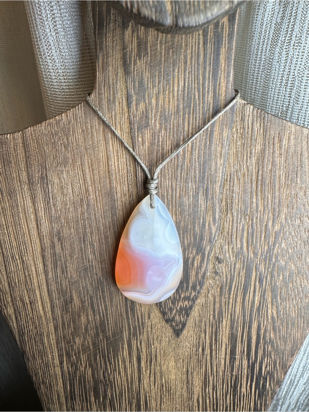 Coral Agate Teardrop Pendant Necklace on Thin Simple Tan Rope - Picture 4 of 14